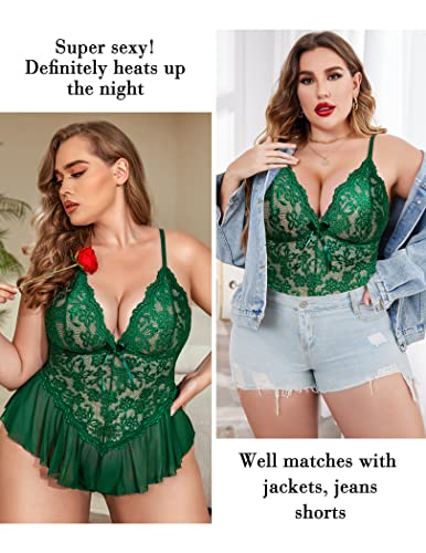 Avidlove Plus Size Lingerie for Women Lace Bodysuit One Piece Teddy Babydoll Mesh Chemise V Neck Sleepwear L-5XL