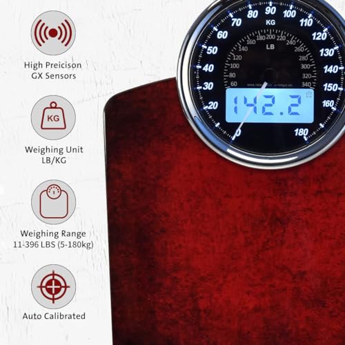 EILISON Highly Advance 2-in-1 Digital & Analog Weighing Scale for Body Weight-400lbs, 4 High Precison GX Sensor Accurate, Thick Tempered Glass, Extra Large Display (Red)