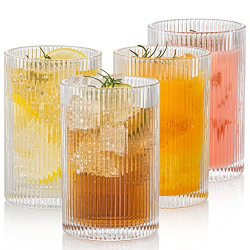 Vintage Ribbed Glassware Set: 4pcs 16.9oz XL Drinking Glasses, Fluted Ripple Drinkware, Origami Style, Elegant Glassware for Whiskey, Cocktail, Iced Coffee, Juice, Beer, Soda