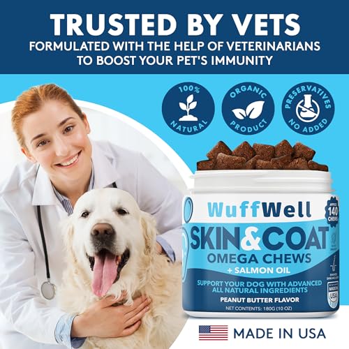 Omega 3 for Dogs with Salmon Oil 140ct - Dog Skin and Coat Supplement - Allergy and Itch Relief - Fish Oil for Dogs Chews - Dog Anti Shedding Supplement - Dry Skin Treatment - Made in USA