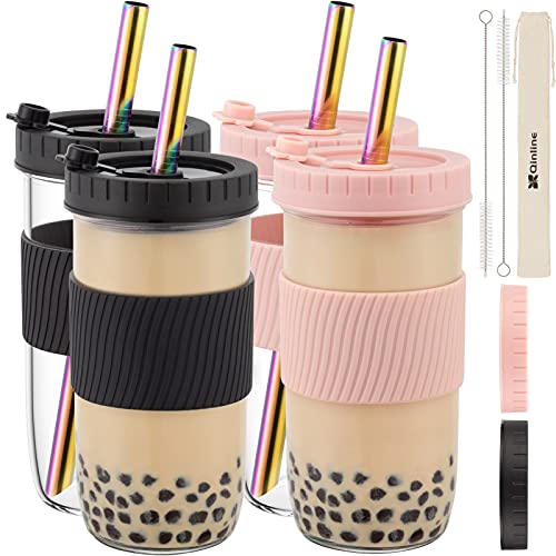 Reusable Glass Mason Jars Cups with Lids and Straws Silicone Sleeves, 4 Pack 24Oz Wide Mouth Smoothie Cups Glass Bubble Tea Cup, Leakproof drinking glasses Water Bottle Travel Tumbler for Large Pearl