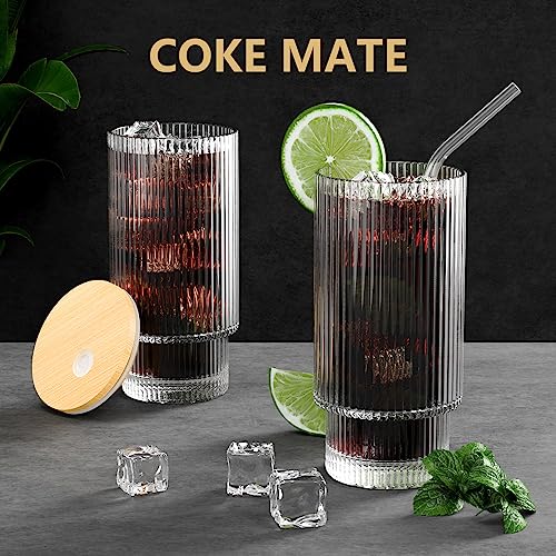 16OZ Ribbed Glass Cups with Bamboo Lids and Glass Straws 4 Set, Vintage Glassware for Whiskey Cocktail Beer, Iced Coffee Cups for Cute Gifts (4 Set)