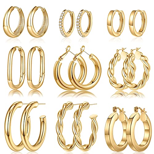 Yesteel 9 Pairs Gold Hoop Earrings for Women, 925 Sterling Silver Post 14K Real Gold Plated Chunky Hoop Earrings Set for Women Hypoallergenic Thick Lightweight Hoop Earrings for Women Gold Jewelry Gifts