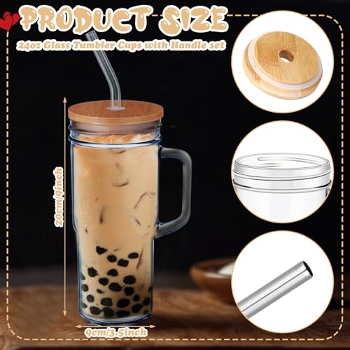 Hushee 6 Pcs 24 oz Glass Cups with Lids and Straws Glass Tumblers with Handle Reusable Drinking Cups with Lids for Adults Coffee Jars with Lids Drinking Jars for Iced and Hot Beer Juice and Tea