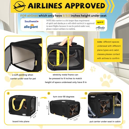 19 x 13.5 x 9.5 TSA Approved Large pet Carrier for cat and Small Dog up to 12-15 lbs,Turn Down to Under-seat for Southwest Allegiant and Other Airlines Have 9'' or 9.5'' Height Space.