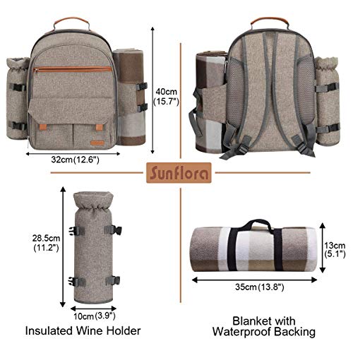 Sunflora Picnic Backpack for 4 Person with Blanket Picnic Basket Set for 2 with Insulated Cooler Wine Pouch for Family Couples (Brush Beige)