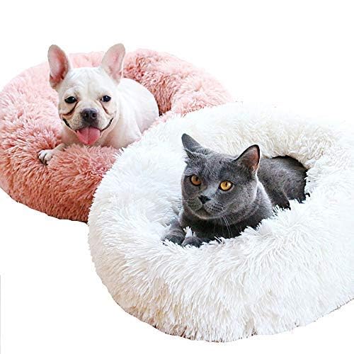 BODISEINT Modern Soft Plush Round Pet Bed for Cats or Small Dogs, Mini Medium Sized Dog Cat Bed Self Warming Autumn Winter Indoor Snooze Sleeping Cozy Kitty Teddy Kennel (24'' D x 8'' H, Dark Grey)