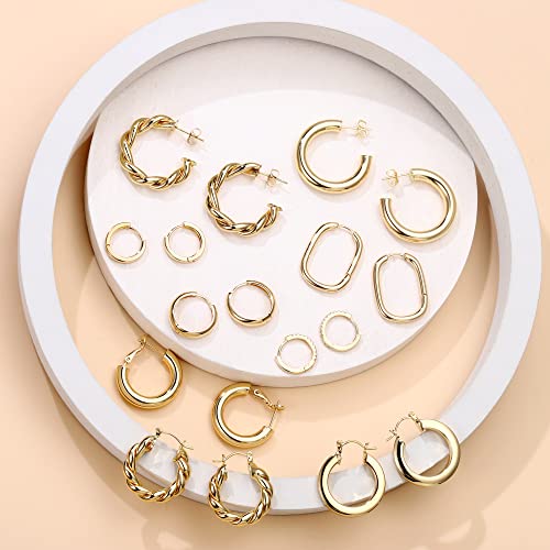 Yesteel 9 Pairs Gold Hoop Earrings for Women, 925 Sterling Silver Post 14K Real Gold Plated Chunky Hoop Earrings Set for Women Hypoallergenic Thick Lightweight Hoop Earrings for Women Gold Jewelry Gifts