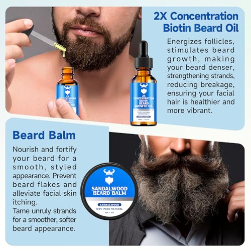 Beard Growth Oil & Beard Balm - Beard Growth Kit with 2X Concentration Biotin for Men, Natural Ingredients with Argan Oil, Jojoba Oil and Vitamin E