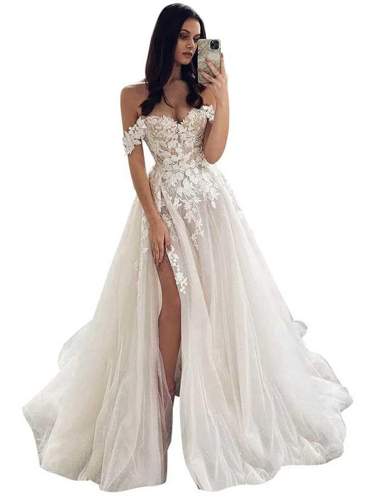 A Line Lace Appliques Wedding Dress with Slit Off The Shoulder Backless Boho Bridal Gowns