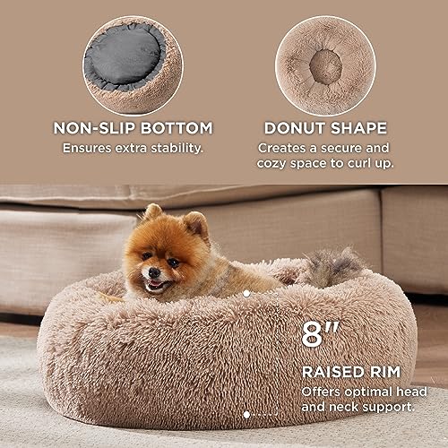 Bedsure Calming Dog Bed for Small Dogs - Donut Washable Small Pet Bed, 23 inches Anti-Slip Round Fluffy Plush Faux Fur Large Cat Bed, Fits up to 25 lbs Pets, Camel