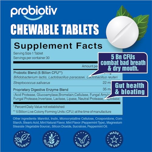 Oral Probiotics for Mouth Bad Breath 5 Billion CFU – Chewable Dental Probiotic for Teeth and Gums & Fresh Breath, Combats Dry Mouth, Halitosis & Supports Gut Health, 30 Mint Tablets