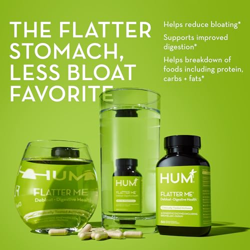 HUM Flatter Me Supplement for Daily Bloating - 18 Full Spectrum Digestive Enzymes to Support Food Breakdown - Ginger, Fennel Seed & Peppermint for Nutrient Absorption (60 Servings)