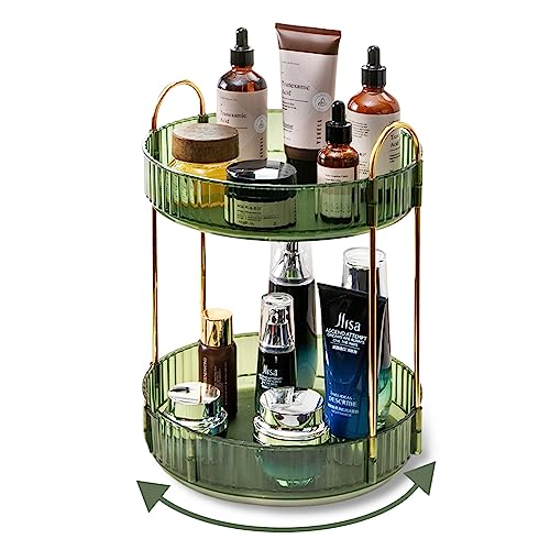 360 Rotating Makeup Organizer for Vanity,2 Tier Large Capacity Cosmetics Skincare Organizers,Bathroom Countertop Organizer Spinning Perfume Organizer,Dresser Vanity Organizer (Green-2 Tier)