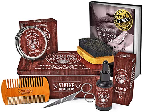 Viking Revolution Ultimate Grooming Kit for Men - Boar Brush, Wood Comb, Sandalwood Balm & Oil, Scissors for Beard & Mustache