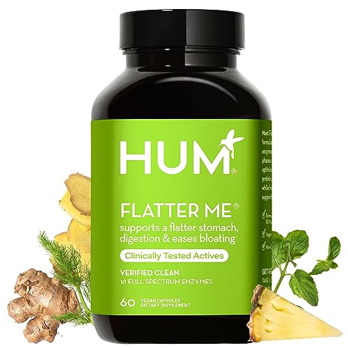 HUM Flatter Me Supplement for Daily Bloating - 18 Full Spectrum Digestive Enzymes to Support Food Breakdown - Ginger, Fennel Seed & Peppermint for Nutrient Absorption (60 Servings)