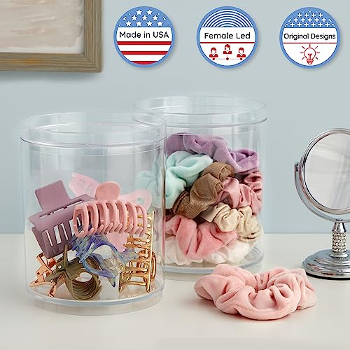 STORi Bella Tall Scrunchie Holder | Stackable Clear Plastic Container (Set of 2) Round Vanity Storage Organizers with Lids for Hair Accessories & Beauty Supplies | Made in USA