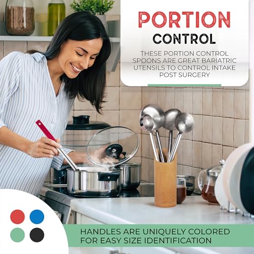 Portion Control Serving Spoons - Bariatric Must Haves - Ideal for Weight Watchers & Gastric Bypass - Set of 8 Ladles, 4 Sizes - Solid Bottom & Perforated/Slotted for Draining