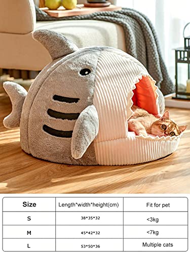 QWINEE Cat Mat Shark-Shaped Kennel Kitten Bed Hideout House Warm Soft Comfortable Semi-Closed Cat Dog Nest Grey Small