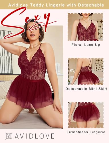 Avidlove Plus Size Lingerie Womens Lace Teddy Babydoll V Neck Chemise Nighty with Detachable Mesh Mini Skirt