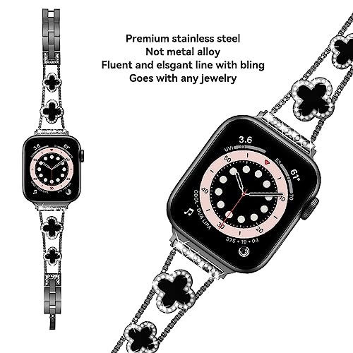 diamond metal band adds sparkle to your watch - Compatible with Apple Watch Series 8/7/6/5/4/3/2/1SE/Ultra - Clover is simple and stylish, fits women's sizes 38mm 40mm 41mm 42mm 44mm 45mm 49mm.(Gold/black, 42mm/44mm/45mm)