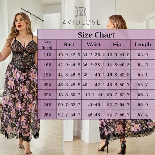 Avidlove Plus Size Lingerie For Women Babydoll Sexy Mesh Maxi Nightdress Strappy Exotic Sleepwear Side Slits