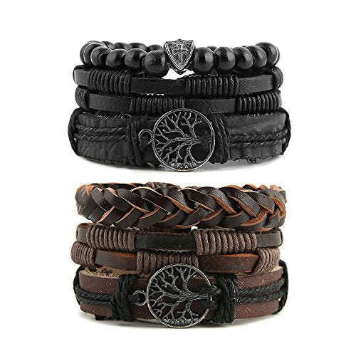 HZMAN Genuine Leather Tree of life Bracelets Men Women, Tiger Eye Natural Stone Lava Rock Beads Ethnic Tribal Elastic Bracelets Wristbands