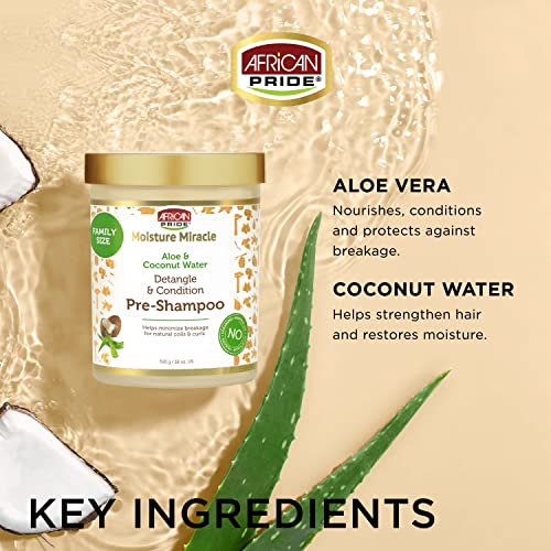 African Pride Moisture Miracle Aloe & Coconut Water Pre-Shampoo - Helps Minimize Hair Breakage for Natural Coils & Curls, Detangles & Conditions, 18 oz.