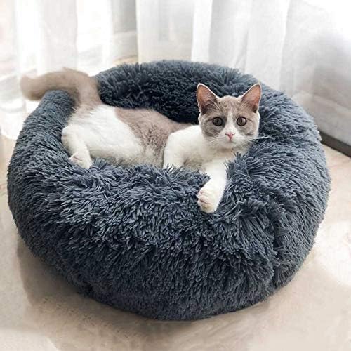 BODISEINT Modern Soft Plush Round Pet Bed for Cats or Small Dogs, Mini Medium Sized Dog Cat Bed Self Warming Autumn Winter Indoor Snooze Sleeping Cozy Kitty Teddy Kennel (24'' D x 8'' H, Dark Grey)