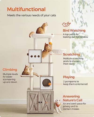 Feandrea Cat Tree with Litter Box Enclosure, 2-in-1 Modern Cat Tower, 72.8-Inch Tall Cat Condo with Scratching Posts, Perch, Caves, Basket, Washable Cushions, Heather Greige UPCT116G01