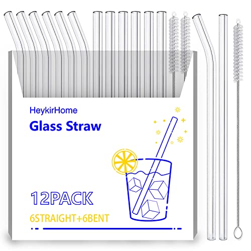 HeykirHome 12-Pack Reusable Glass Straw,Size 8.5''x10 MM,Including 6 Straight and 6 Bent with 2 Cleaning Brush- Perfect For Smoothies, Tea, Juice