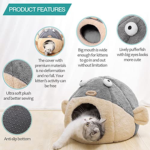 Cat Beds for Indoor Cats - Cat Bed Cave with Removable Washable Cushioned Pillow, Soft Plush Premium Cotton No Deformation Pet Bed, Lively Pufferfish Cat House Design, Grey, Multiple Sizes(L)