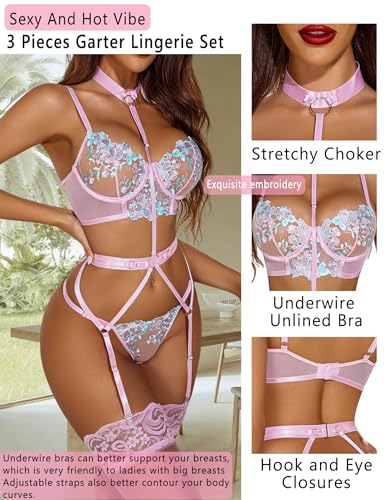 Avidlove Lingerie for Women Embroidered Lace Underwire Strappy Bra and Panty Set with Removable Garter