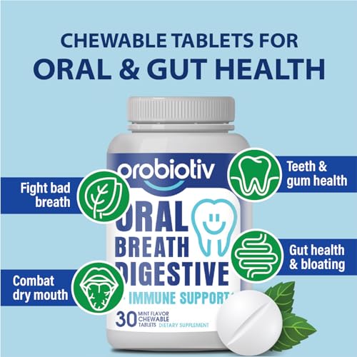 Oral Probiotics for Mouth Bad Breath 5 Billion CFU – Chewable Dental Probiotic for Teeth and Gums & Fresh Breath, Combats Dry Mouth, Halitosis & Supports Gut Health, 30 Mint Tablets