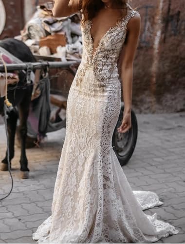 Beach Sexy Boho Wedding Dresses Mermaid/Trumpet V Neck Sleeveless Court Train Lace Appliques Bridal Gowns 2023