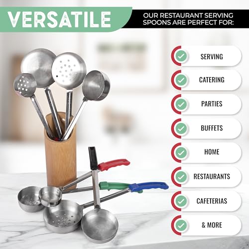 Portion Control Serving Spoons - Bariatric Must Haves - Ideal for Weight Watchers & Gastric Bypass - Set of 8 Ladles, 4 Sizes - Solid Bottom & Perforated/Slotted for Draining