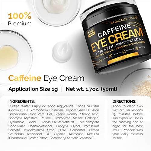 Caffeine Eye Cream For Anti Aging, Dark Circles, Bags, Puffiness. Great Under Eye Skin + Face Tightening, Eye Lift Treatment For Men & Women 1.7oz