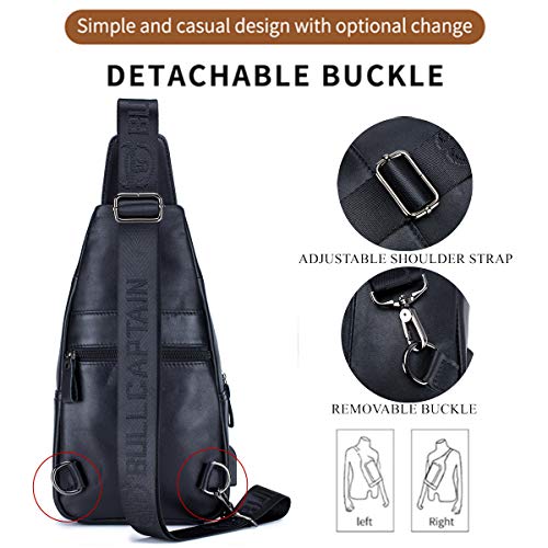 BULLCAPTAIN Genuine Leather Sling Bag with USB Charging Port Multi-pocket Chest Bag for Men Hiking Travel Daypack XB-129