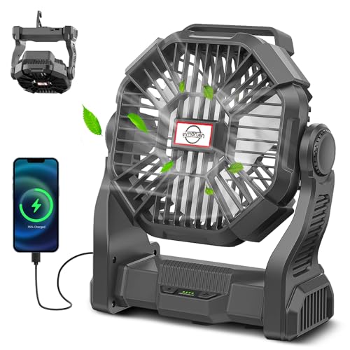 CONBOLA Portable Rechargeable Camping Fan for Tent with LED Lantern, 10-Inch Battery Operated Outdoor Fan with Hanging Hook, 270° Rotation, Small Quiet Personal Usb Cooling Fan for Travel, Fishing