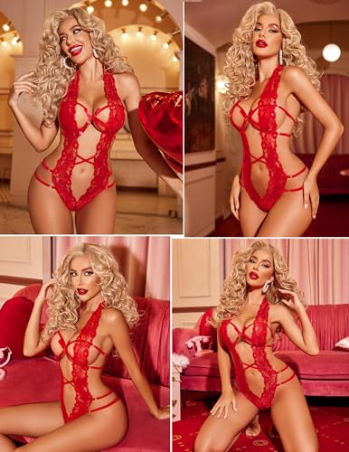 Avidlove Women Deep V Halter Lingerie Teddy One Piece Bodysuit Lace Babydoll