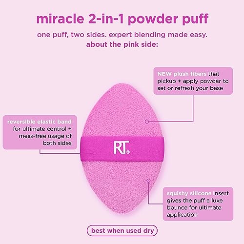 Real Techniques Miracle 2-In-1 Powder Puff, Dual-Sided, Full-Size Makeup Blending Puff, Reversible Elastic Band, Precision Tip Makeup Sponge & Powder Puff, For Liquid, Cream & Powder, 2 Count