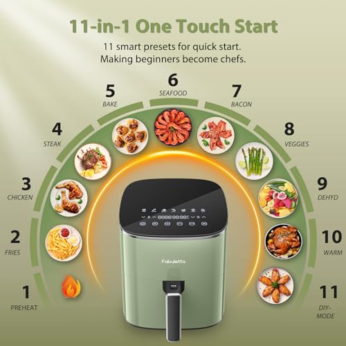 Air Fryer 6QT, FABULETTA 11 One-Touch Functions, 450℉ Fast Cooking, 95% Less Oil, Roast, Bake, Crisps, Broil and Air Fry for Easy Meals, SHAKE Reminder, Dishwasher Safe, Fits for 4-6 People