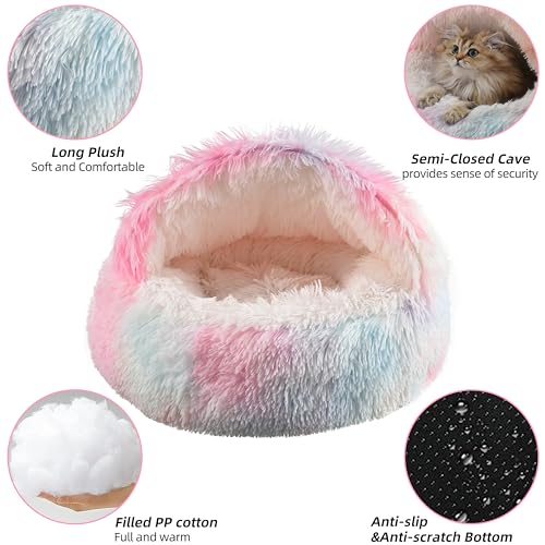 Something Different Cat Bed Round Plush Fluffy Hooded Calming Cat Bed Cave for Dogs&Cats,Self Warming pet Bed with Non-collapsed Cover for Indoor Cats or Small Dogs,Machine Washable,20in,Rainbow