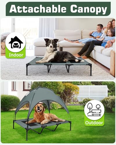 Elevated Dog Bed, Outdoor Dog Bed with Canopy, Raised Dog Cot with Anti-Slip Feet, Breathable Mesh for Indoor & Outdoor Use, Portable Cooling Dog Bed for Dogs Up to 88LBS (XL)