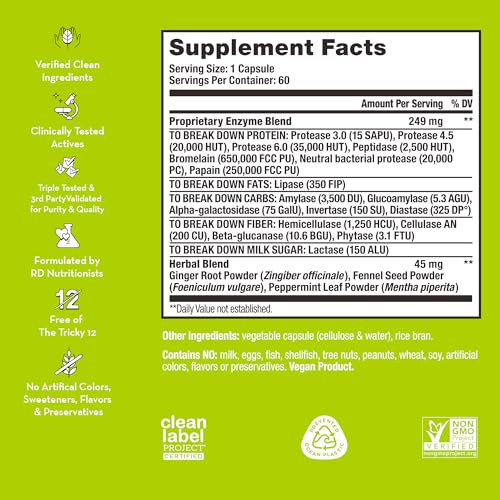 HUM Flatter Me Supplement for Daily Bloating - 18 Full Spectrum Digestive Enzymes to Support Food Breakdown - Ginger, Fennel Seed & Peppermint for Nutrient Absorption (60 Servings)