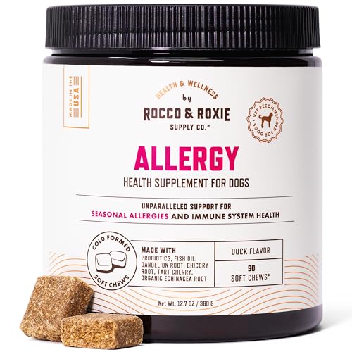 Rocco & Roxie Dog Allergy Relief Chews with Omega 3 for Dogs, Probiotics for Itching Skin, Stop Paw Licking, Fish Oil Skin and Coat Supplement, Anti-Itch, Pet Itchy Allergies and Immune Support, 90ct