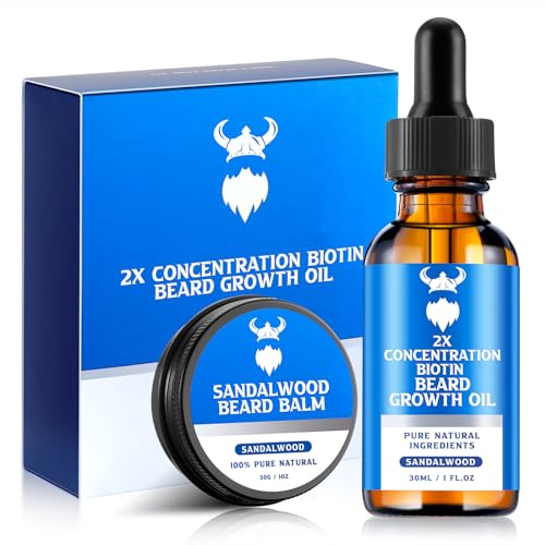 Beard Growth Oil & Beard Balm - Beard Growth Kit with 2X Concentration Biotin for Men, Natural Ingredients with Argan Oil, Jojoba Oil and Vitamin E