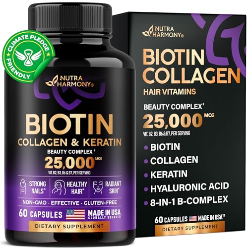 Biotin | Collagen | Keratin | Hyaluronic Acid - Hair Growth Support Supplement | Skin & Nails Beauty Complex 25000 mcg - B1 | B2 | B3 | B6 | B7 - Made in USA - For Women & Men | 60 Capsules