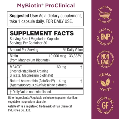 Purity Products MyBiotin ProClinical – Thicker Hair in 3 Weeks & Fights Wrinkles - MB40X Patented Biotin Matrix w/Astaxanthin 40X More Soluble vs Ordinary Hair, Skin Nails 30 Veg Caps