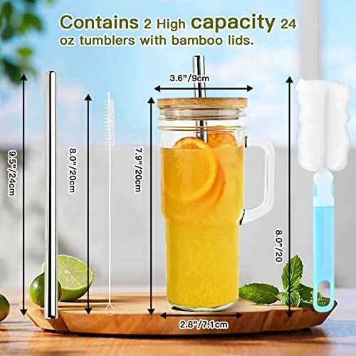 Glass Cups with Bamboo Lids and Straws,24oz Tumbler With Handle,4 Pack Mason Jar with Lid and Straw-Wide Mouth Reusable Drinking Glasses,Boba Cup Smoothie Tumbler Iced Coffee Cup Travel Mug